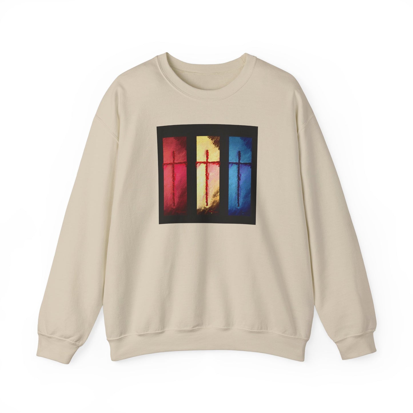 "Three Souls - Enlightened Spirit Crewneck Sweatshirt – Spiritual Cross Art Painting”