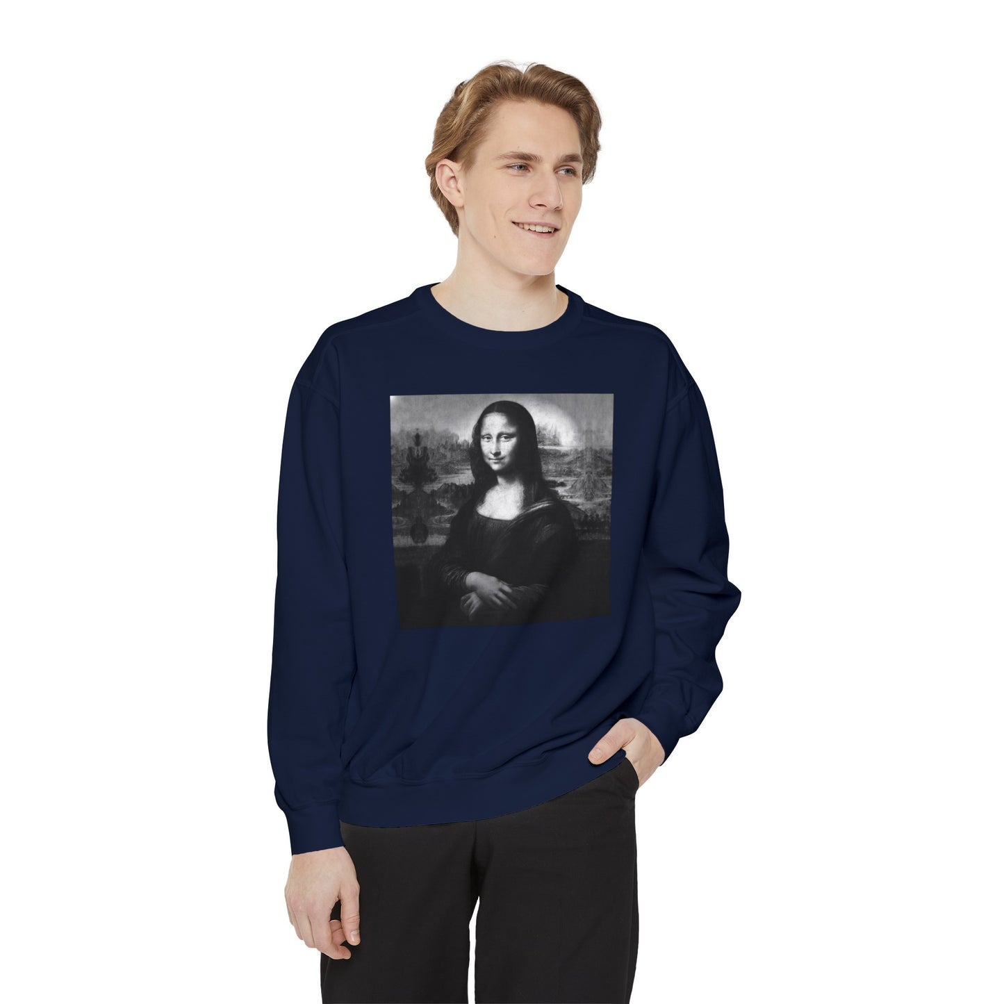 Mona Lisa (B&W): Luxurious Unisex Garment-Dyed Sweatshirt