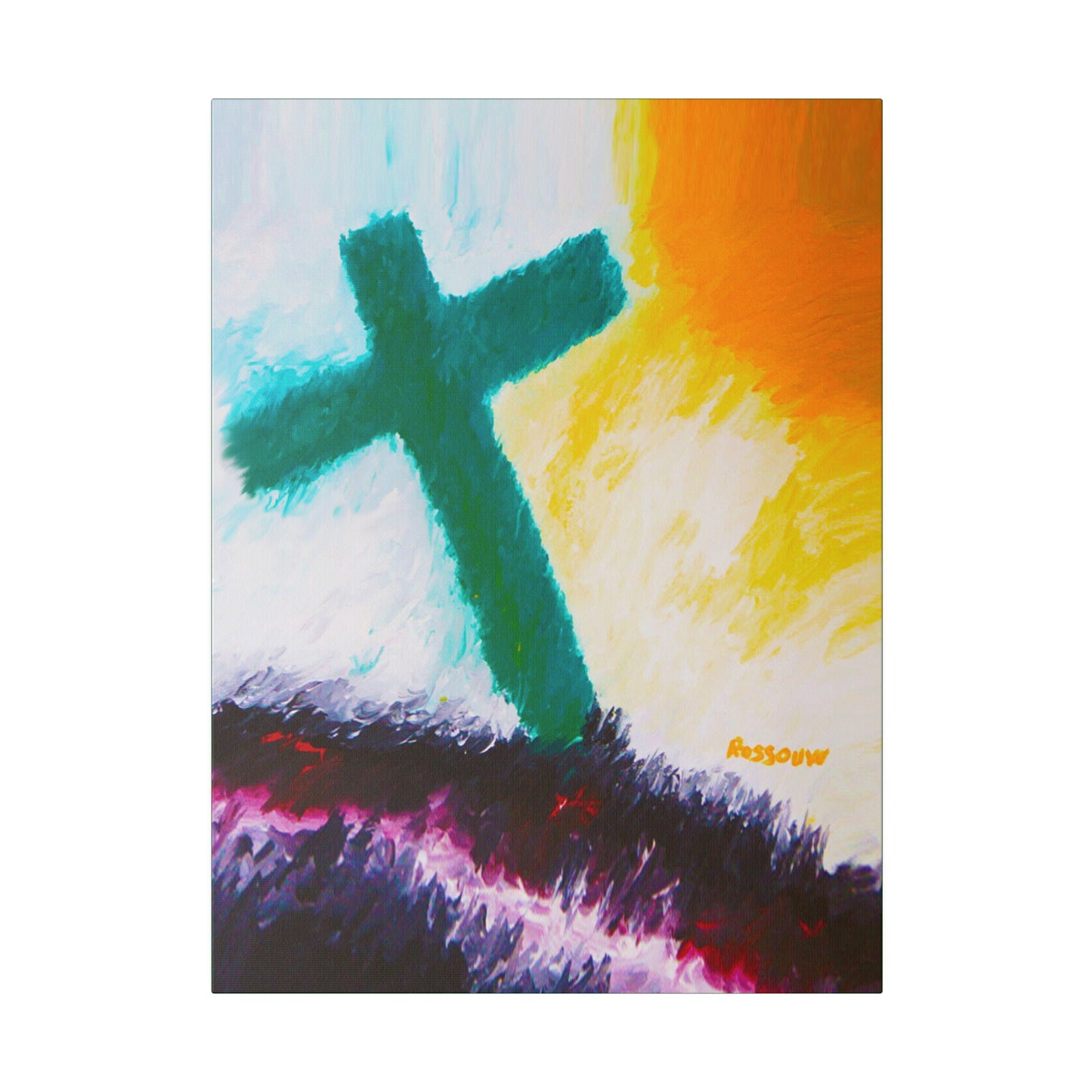 "Powerful Cross Painting - Inspirational Art by Rossouw on Matte Canvas"