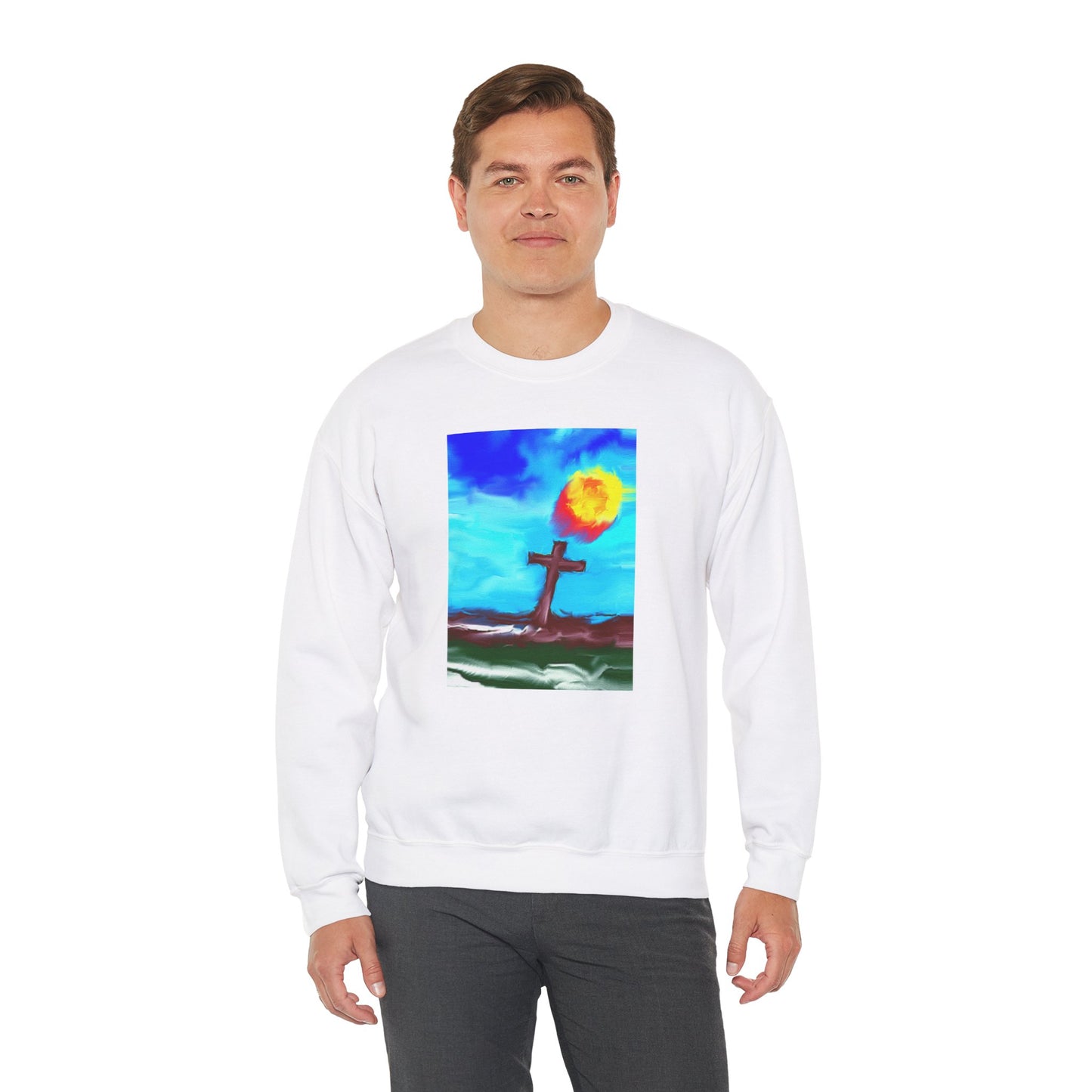 "Sunlight - Enlightened Spirit Crewneck Sweatshirt – Spiritual Cross Art Painting”