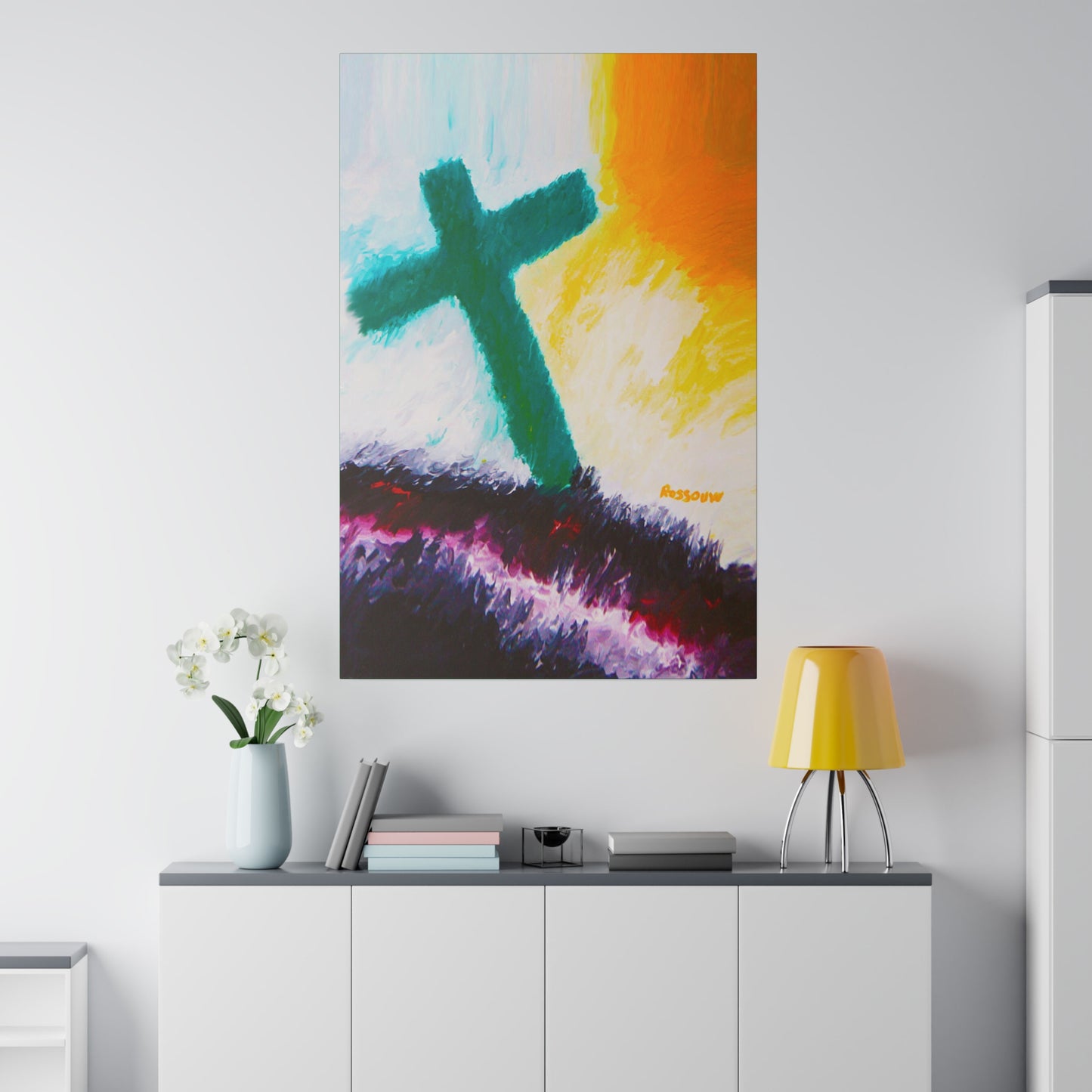 "Powerful Cross Painting - Inspirational Art by Rossouw on Matte Canvas"