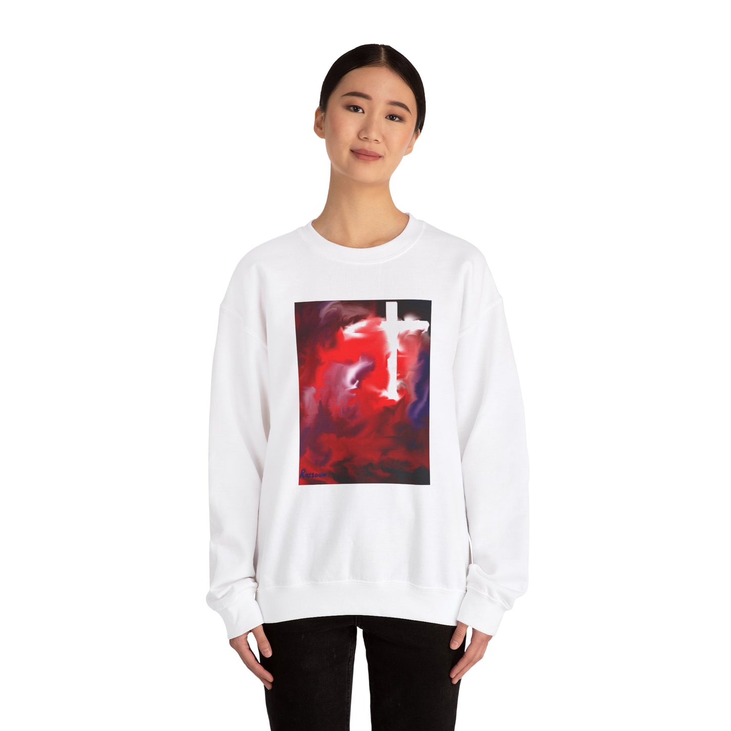 "Above The Light - Enlightened Spirit Crewneck Sweatshirt – Spiritual Cross Art Painting”