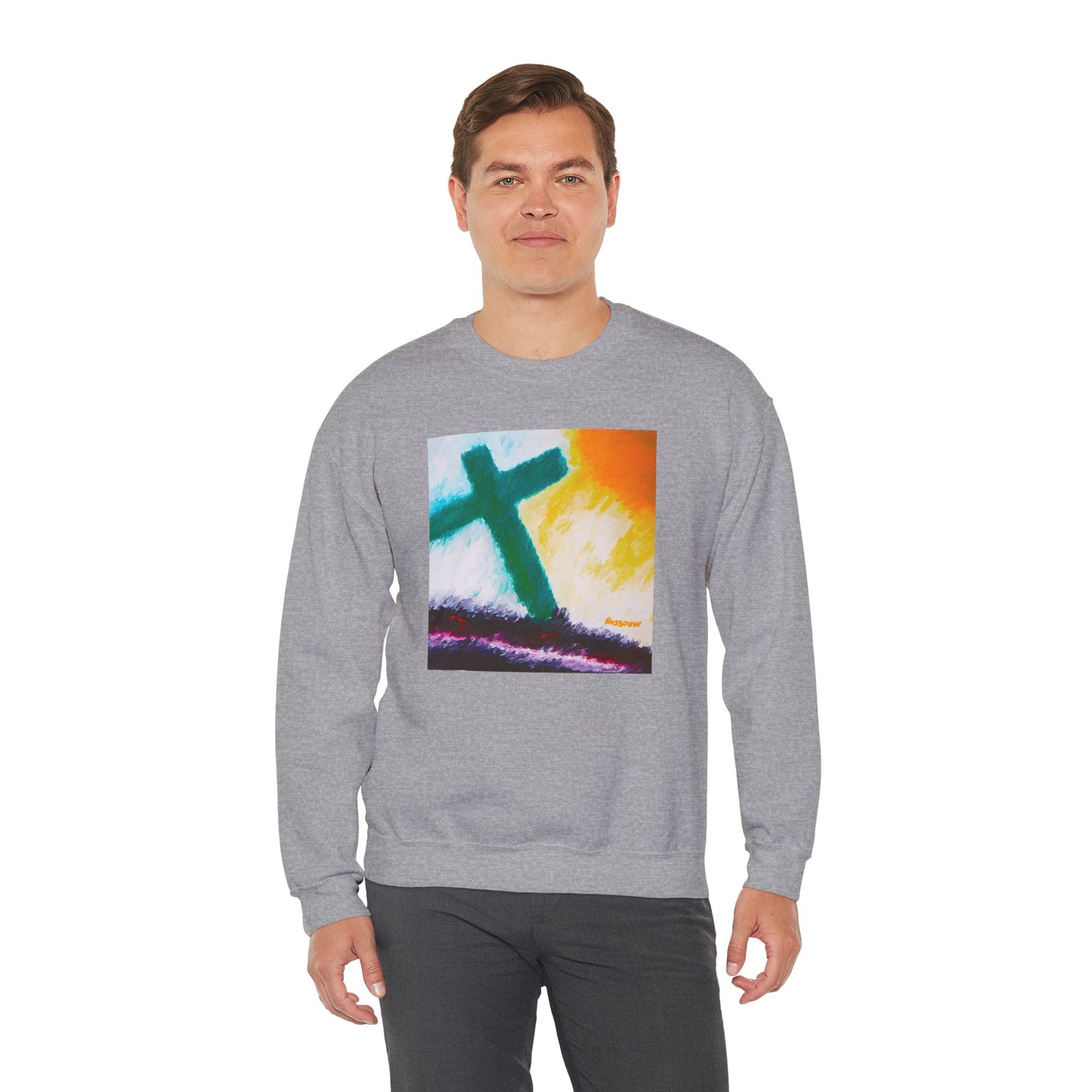 "Sunrise - Enlightened Spirit Crewneck Sweatshirt – Spiritual Cross Art Painting”