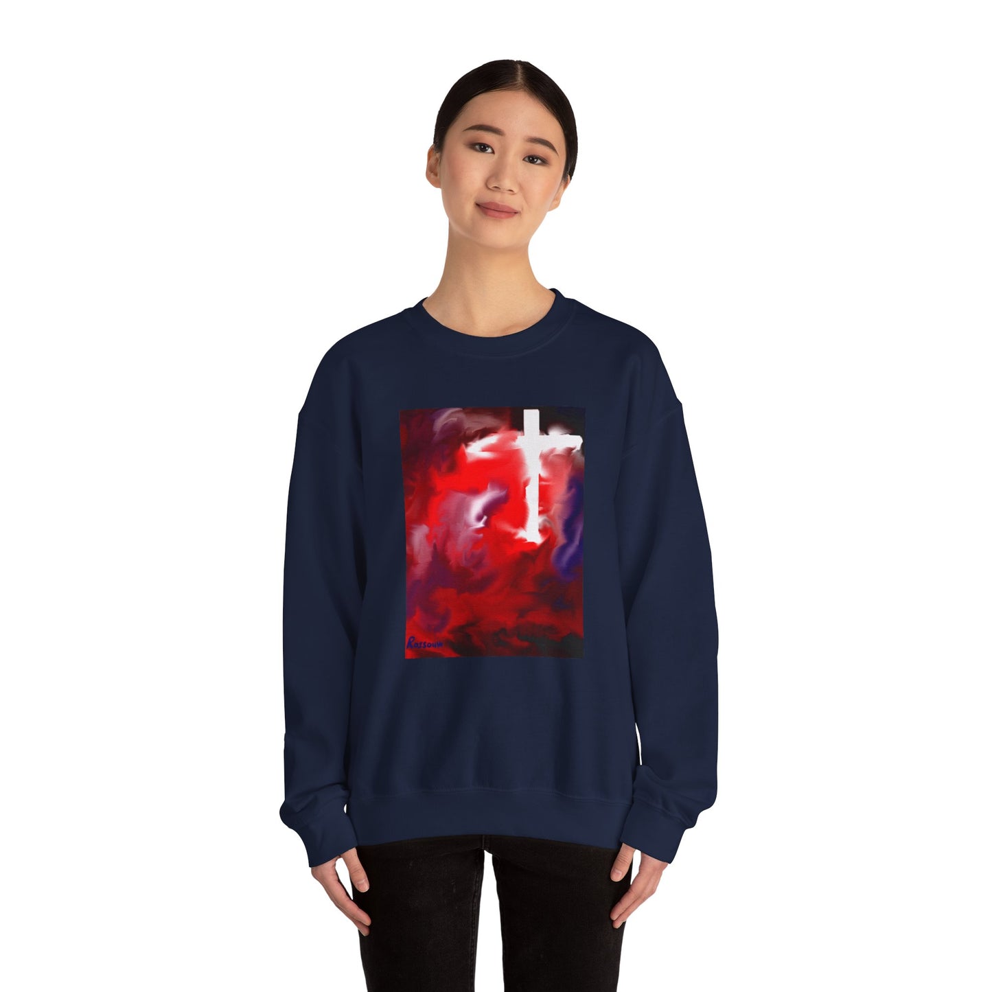 "Above The Light - Enlightened Spirit Crewneck Sweatshirt – Spiritual Cross Art Painting”