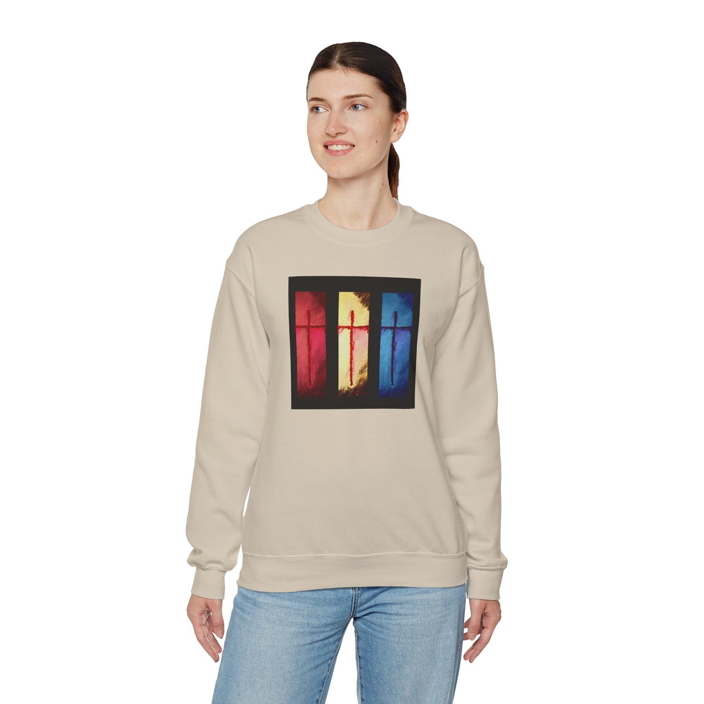 "Three Souls - Enlightened Spirit Crewneck Sweatshirt – Spiritual Cross Art Painting”