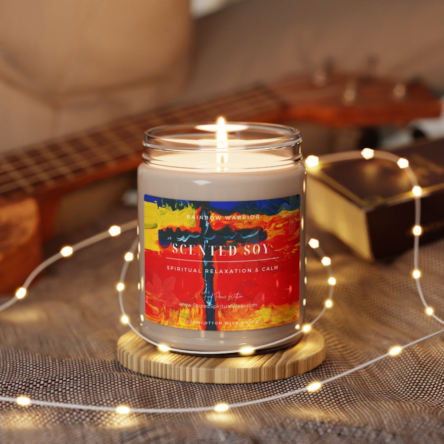 "Rainbow Warrior - Soy Scented Candles with Cross Art"