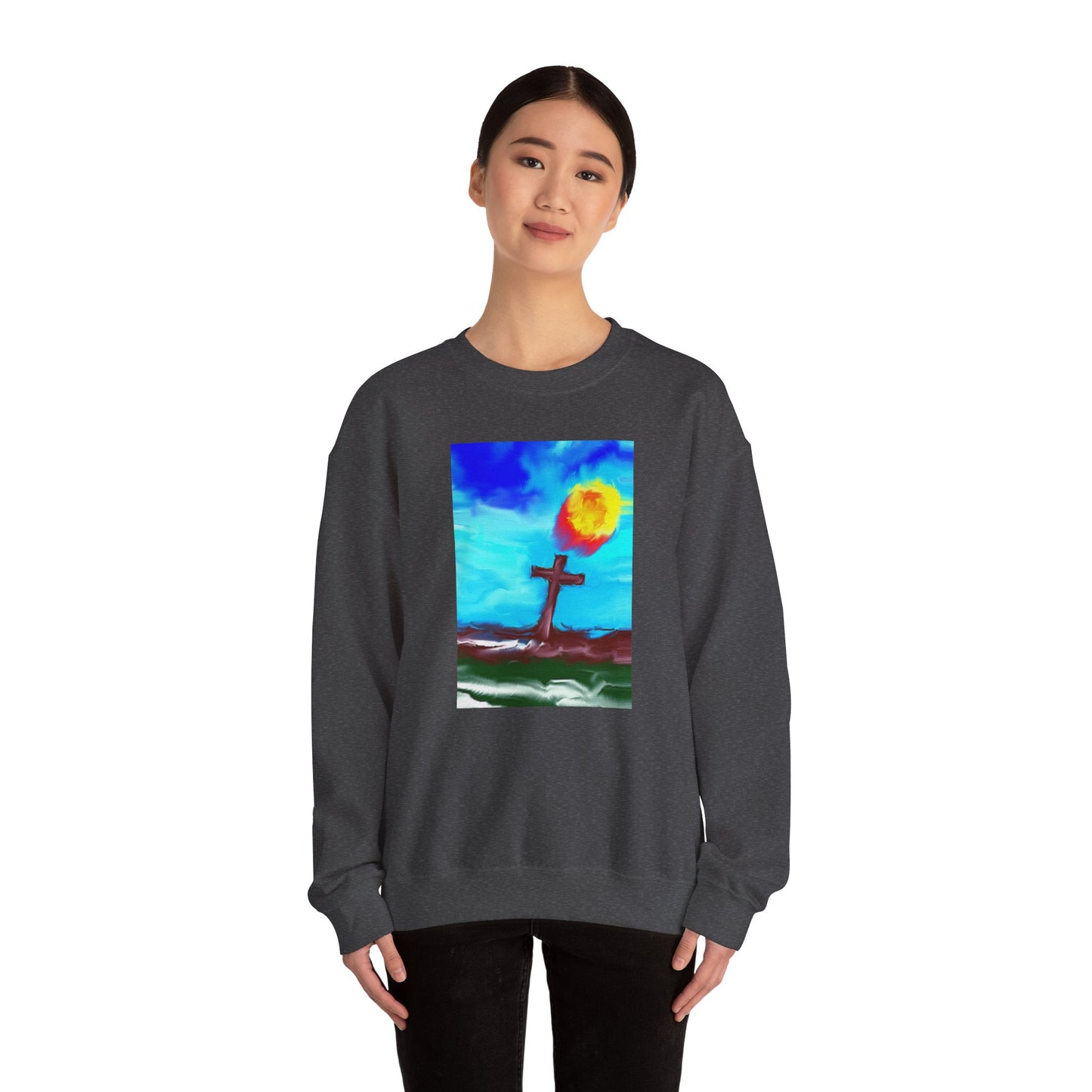 "Sunlight - Enlightened Spirit Crewneck Sweatshirt – Spiritual Cross Art Painting”