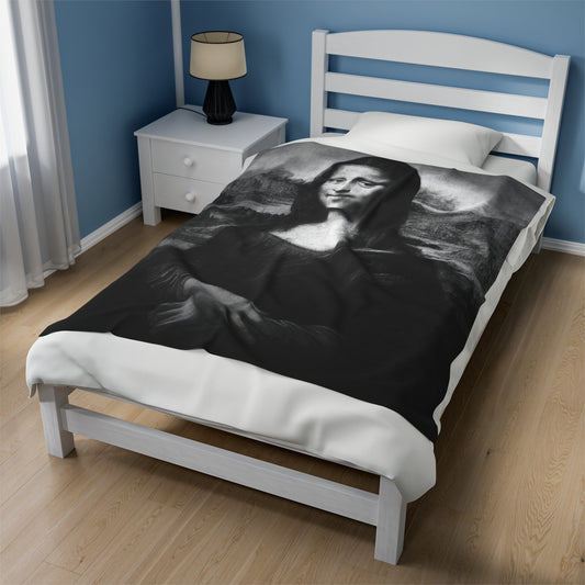 Mona Lisa (Black) Velveteen Plush Blanket: Stunning Art Design