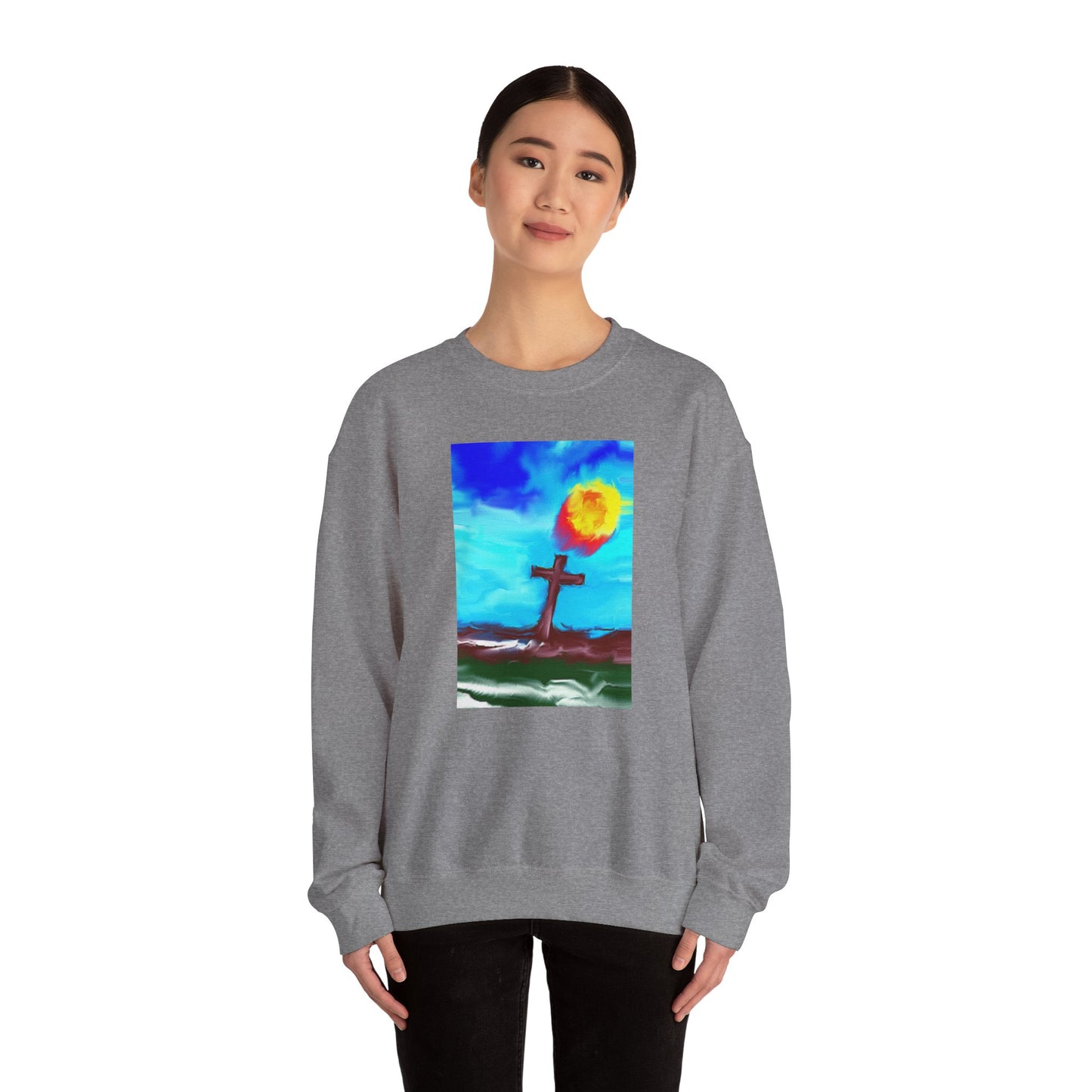 "Sunlight - Enlightened Spirit Crewneck Sweatshirt – Spiritual Cross Art Painting”