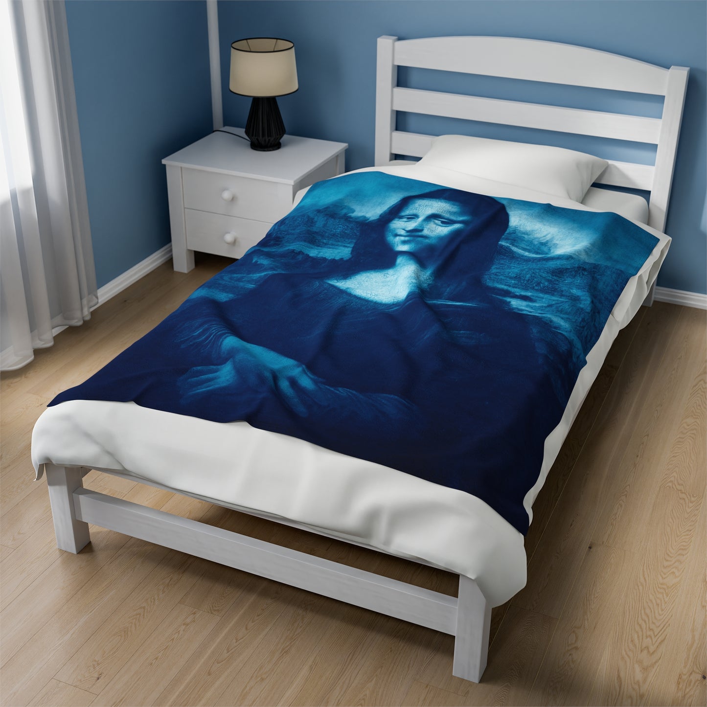 Mona Lisa (Blue) Velveteen Plush Blanket: Stunning Art Design