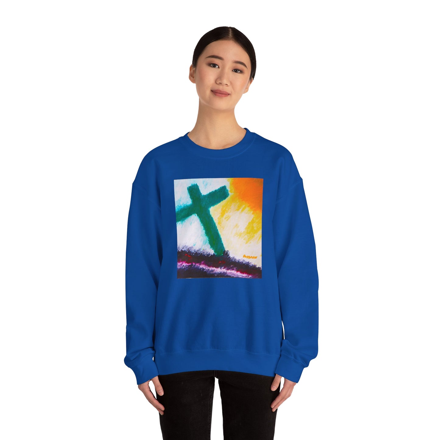 "Sunrise - Enlightened Spirit Crewneck Sweatshirt – Spiritual Cross Art Painting”