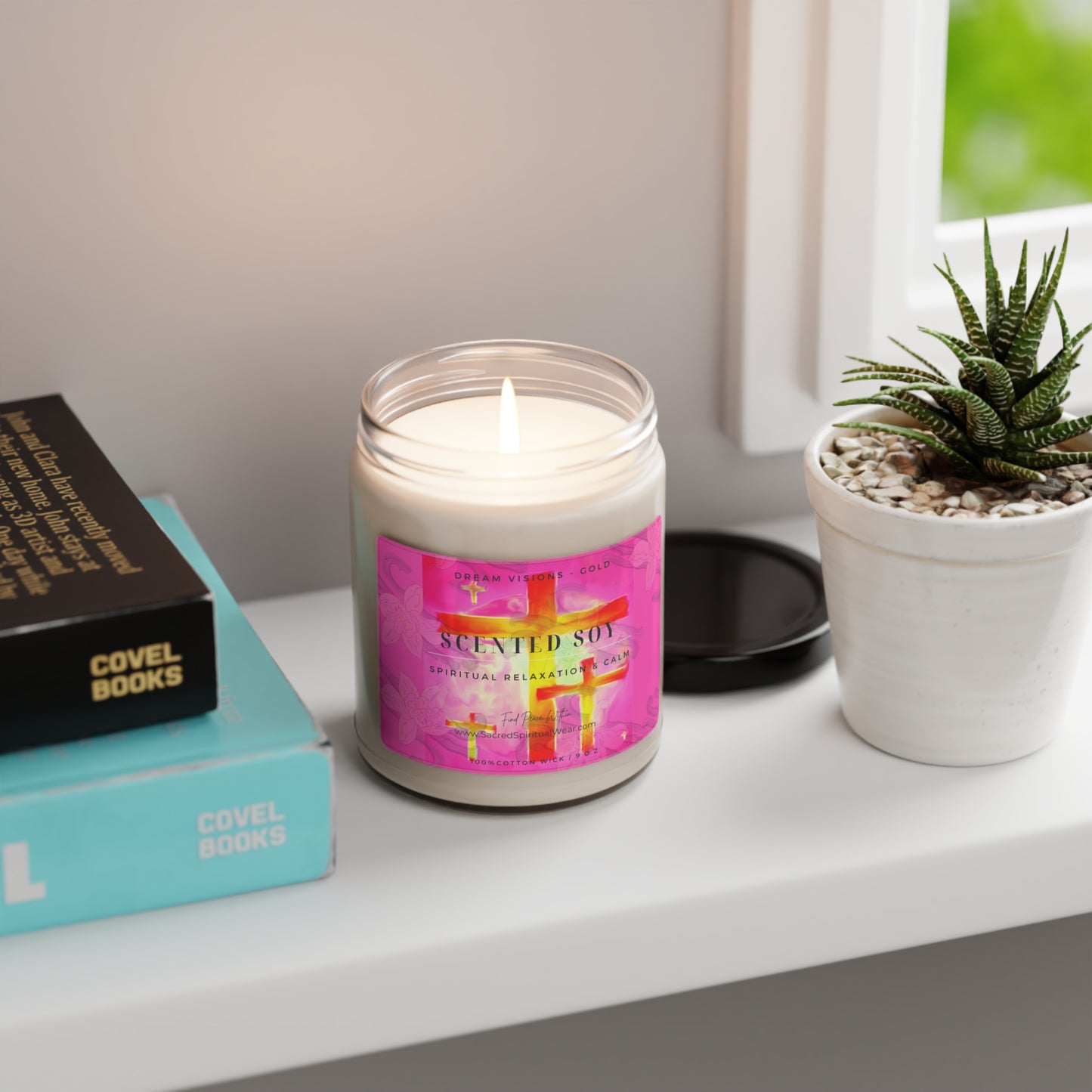 "Dream Visions (Pink) - Soy Scented Candles with Cross Art"