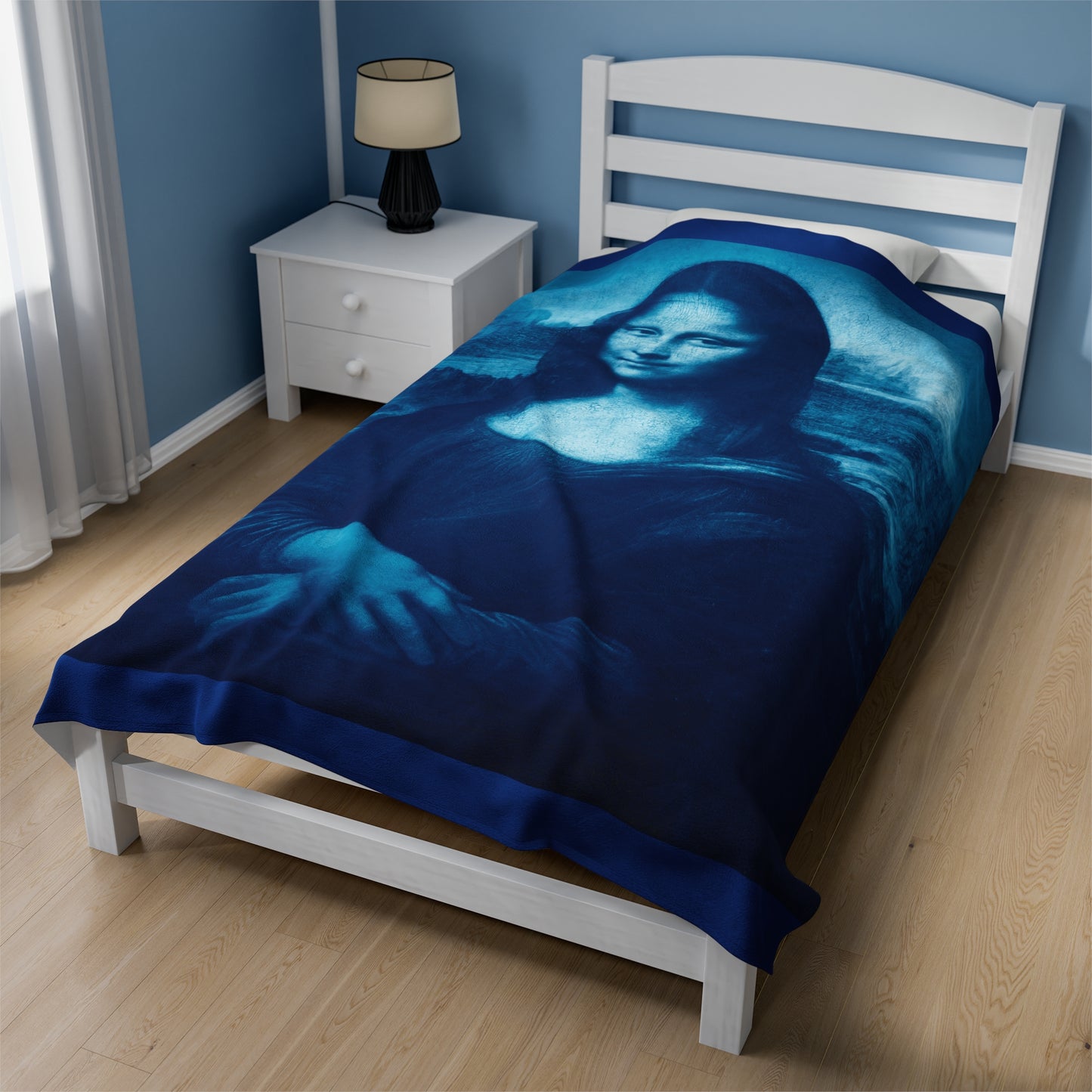 Mona Lisa (Blue) Velveteen Plush Blanket: Stunning Art Design