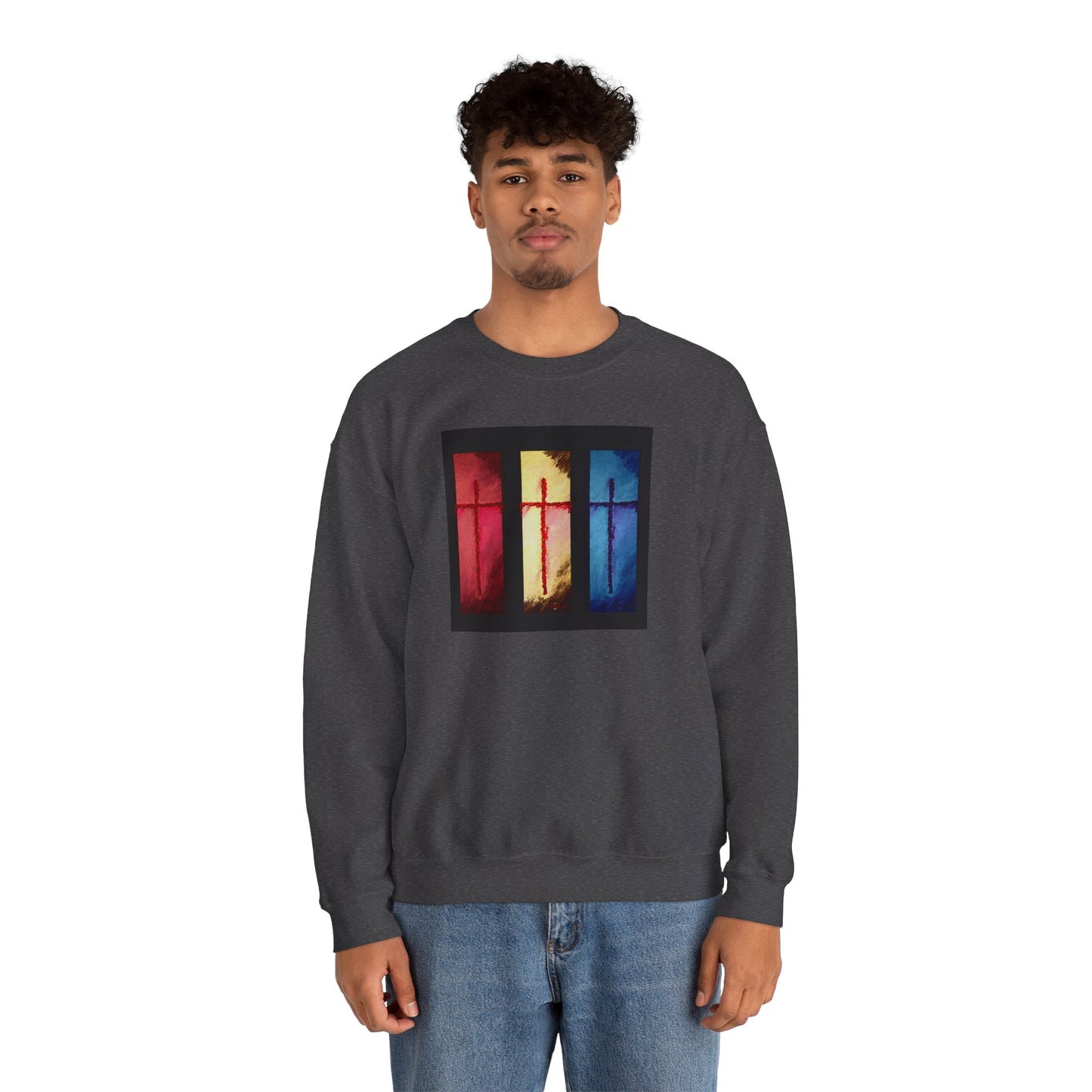 "Three Souls - Enlightened Spirit Crewneck Sweatshirt – Spiritual Cross Art Painting”