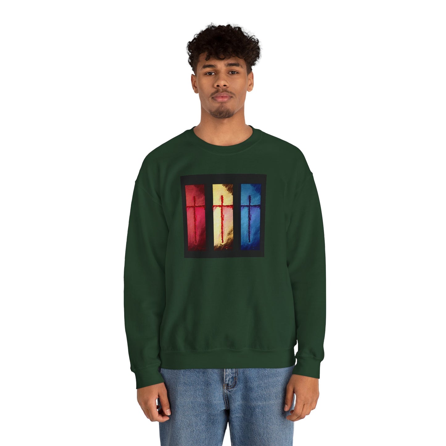 "Three Souls - Enlightened Spirit Crewneck Sweatshirt – Spiritual Cross Art Painting”