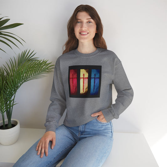 "Three Souls - Enlightened Spirit Crewneck Sweatshirt – Spiritual Cross Art Painting”