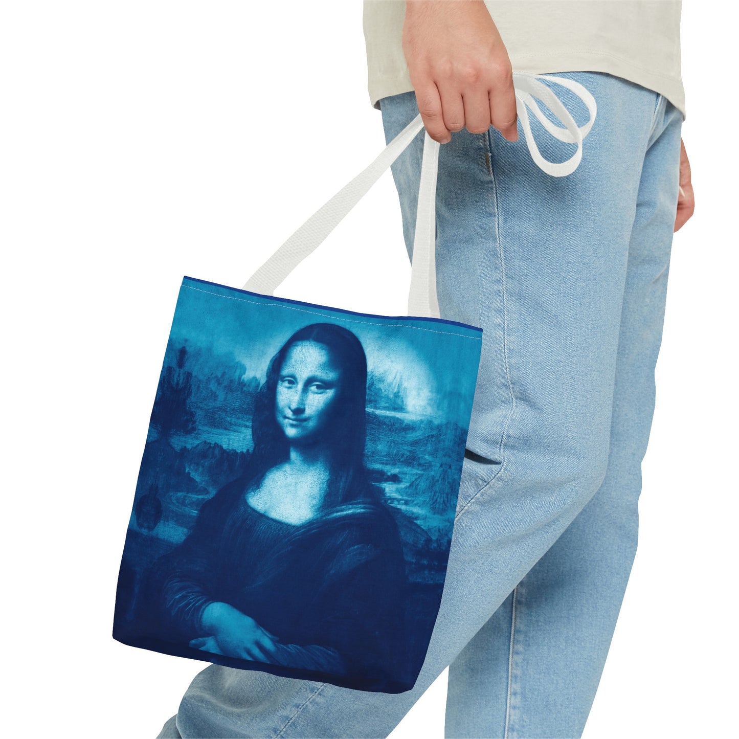 Mona Lisa (Blue) Tote Bags - Vibrant Designer Fashion Accessory with Iconic Artistry