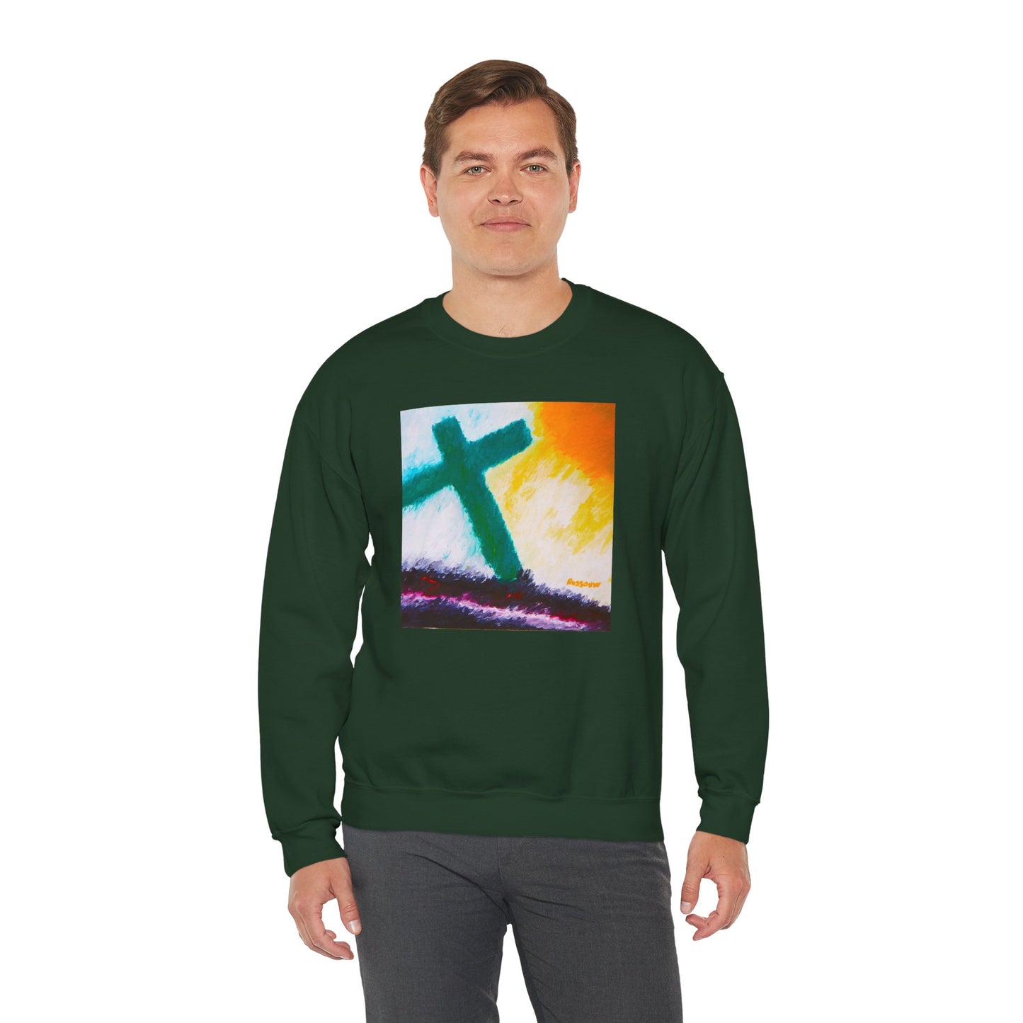 "Sunrise - Enlightened Spirit Crewneck Sweatshirt – Spiritual Cross Art Painting”