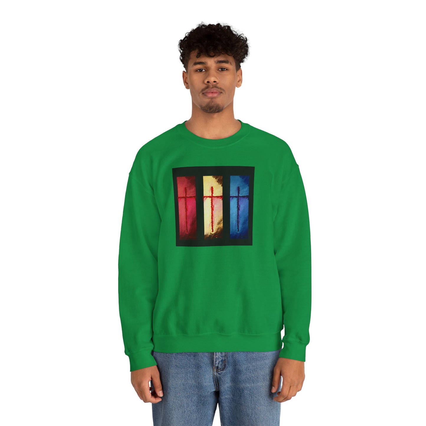 "Three Souls - Enlightened Spirit Crewneck Sweatshirt – Spiritual Cross Art Painting”