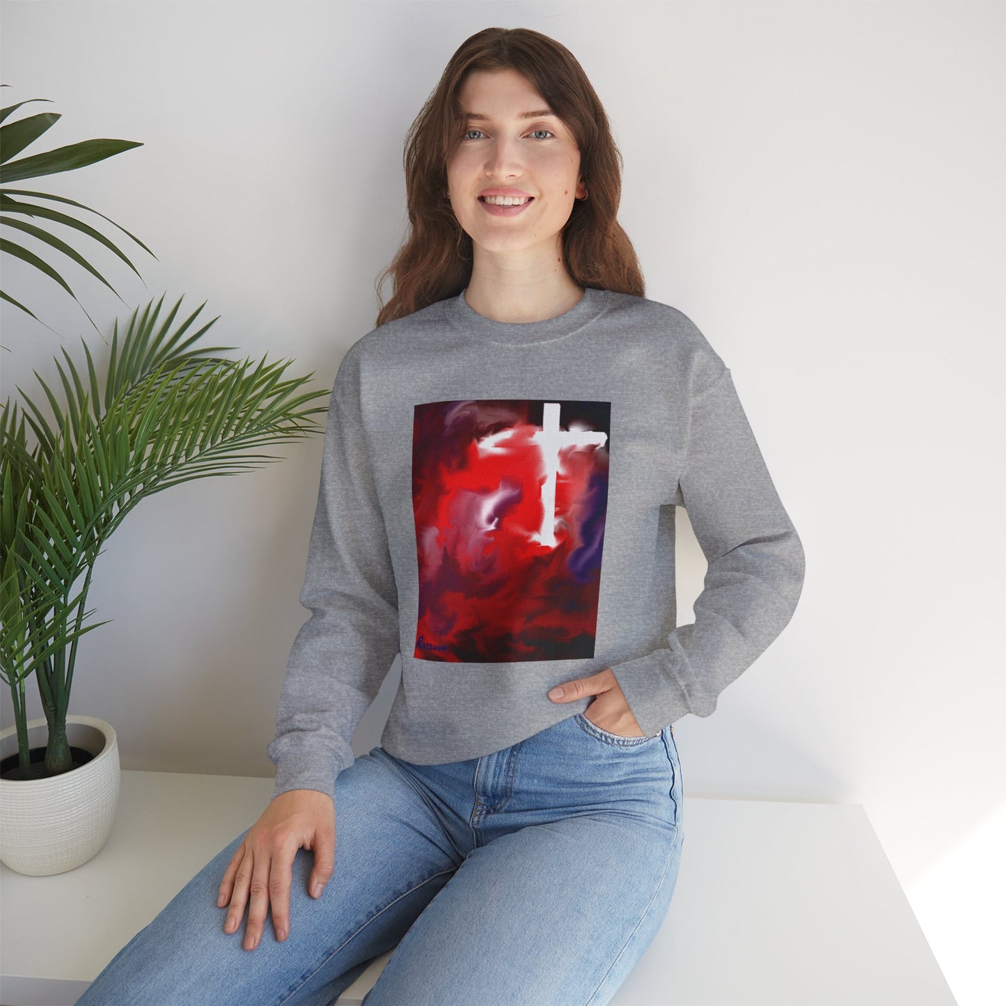 "Above The Light - Enlightened Spirit Crewneck Sweatshirt – Spiritual Cross Art Painting”