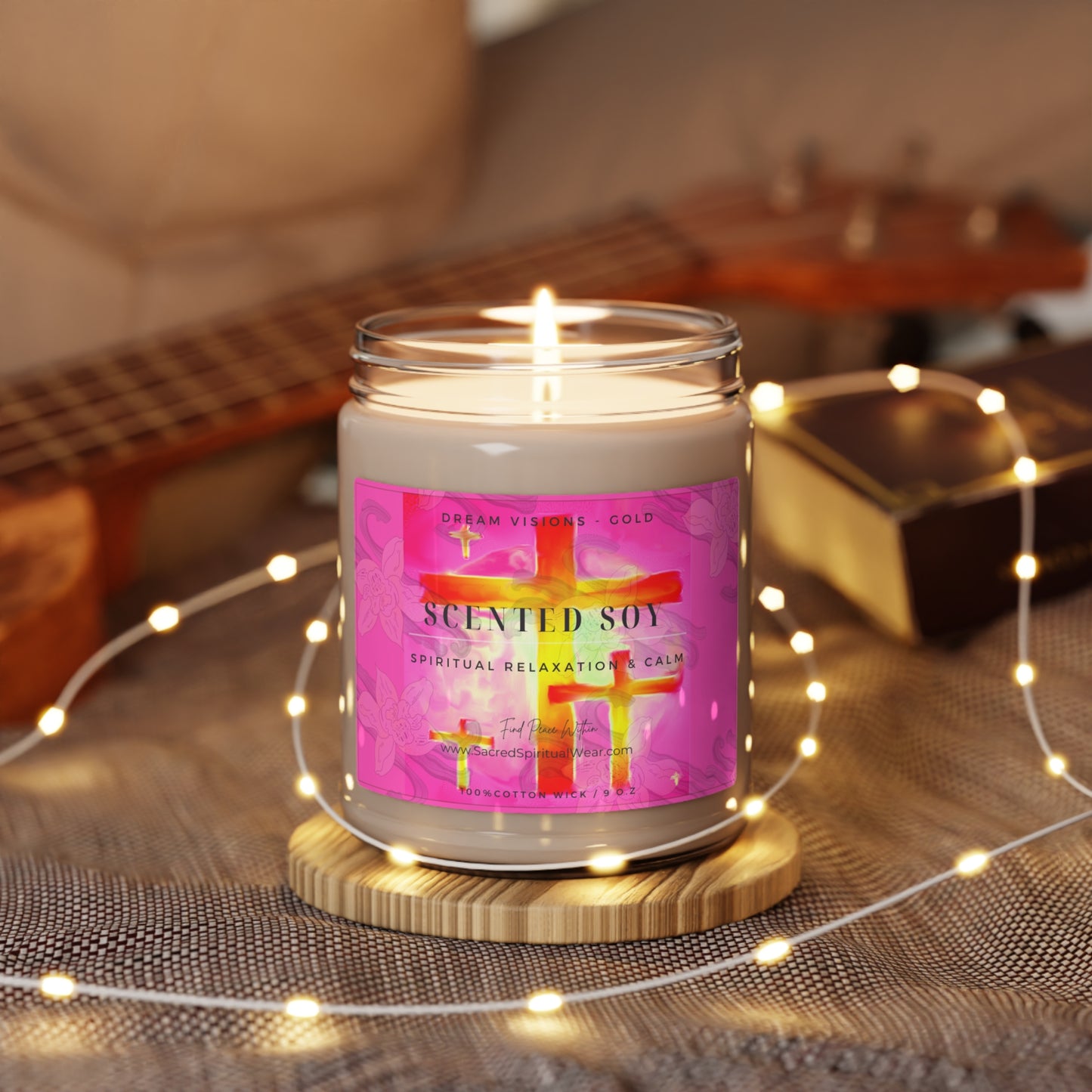 "Dream Visions (Pink) - Soy Scented Candles with Cross Art"