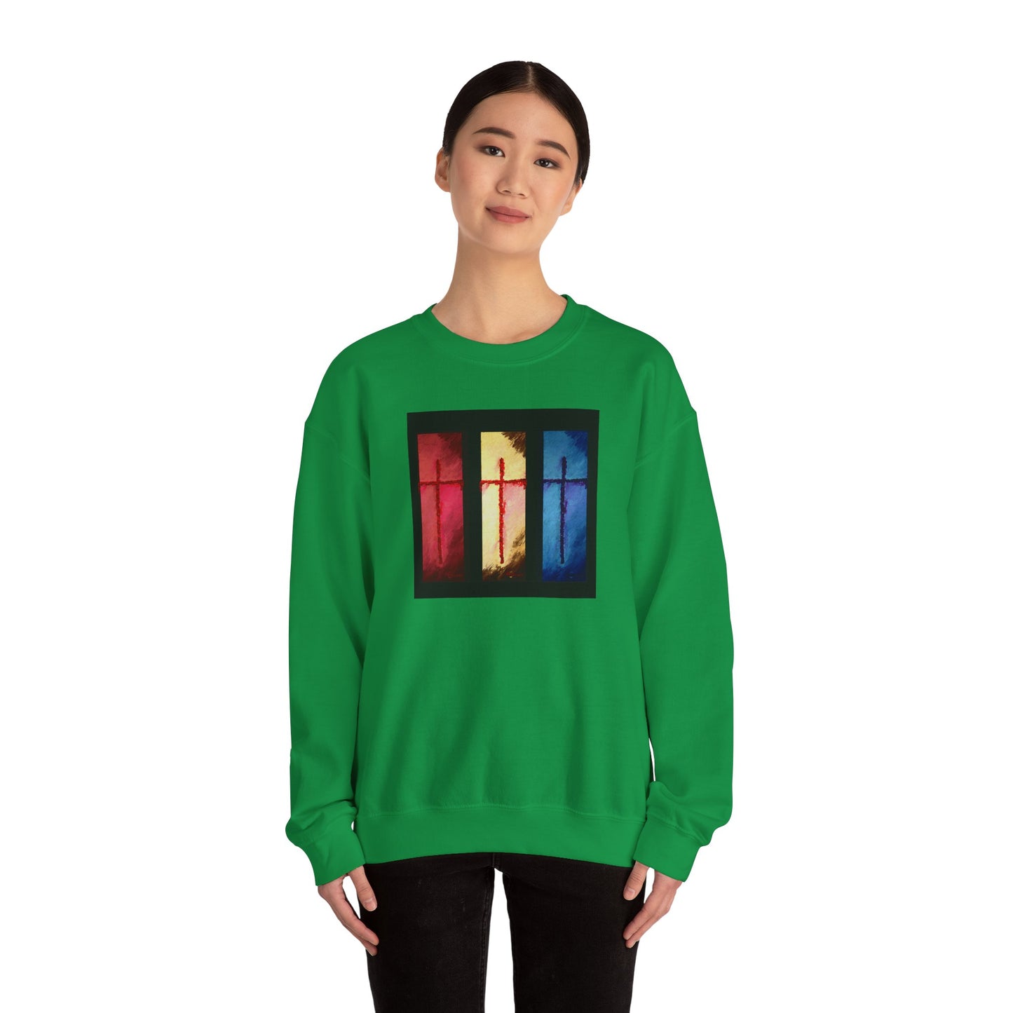 "Three Souls - Enlightened Spirit Crewneck Sweatshirt – Spiritual Cross Art Painting”