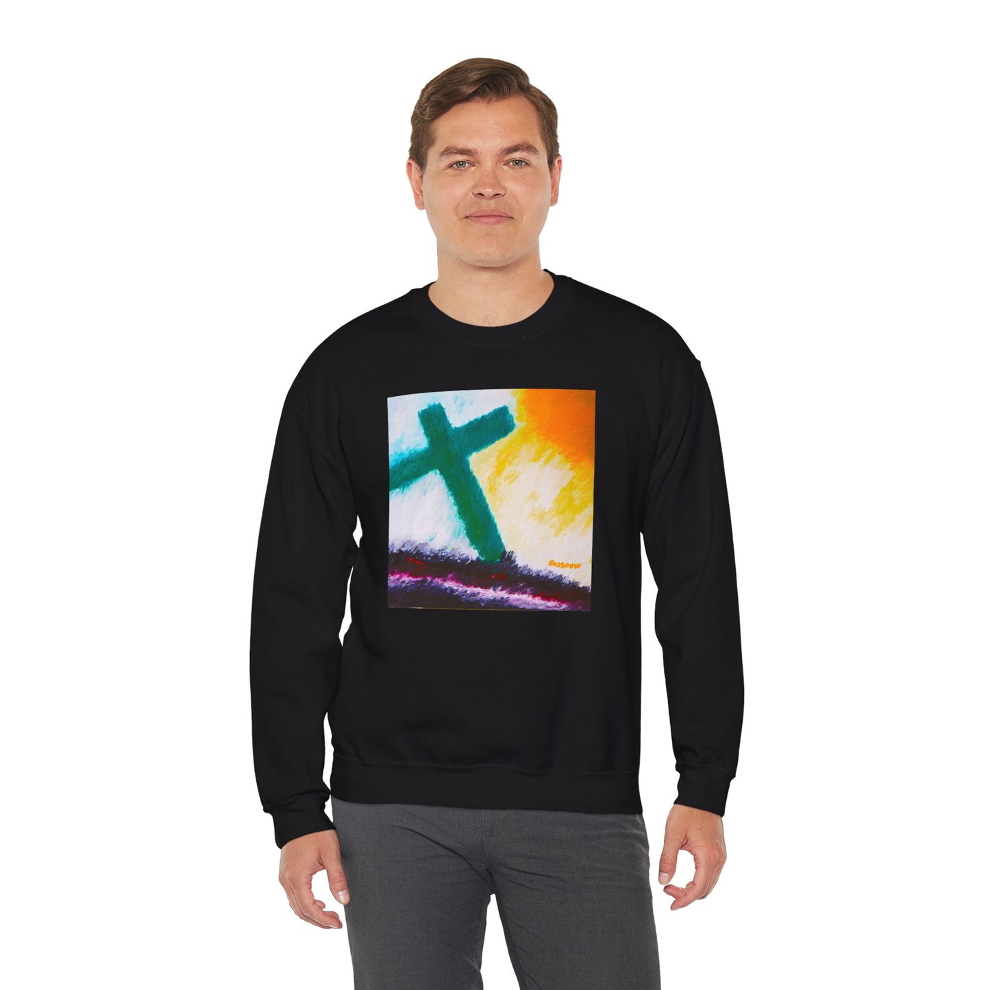 "Sunrise - Enlightened Spirit Crewneck Sweatshirt – Spiritual Cross Art Painting”