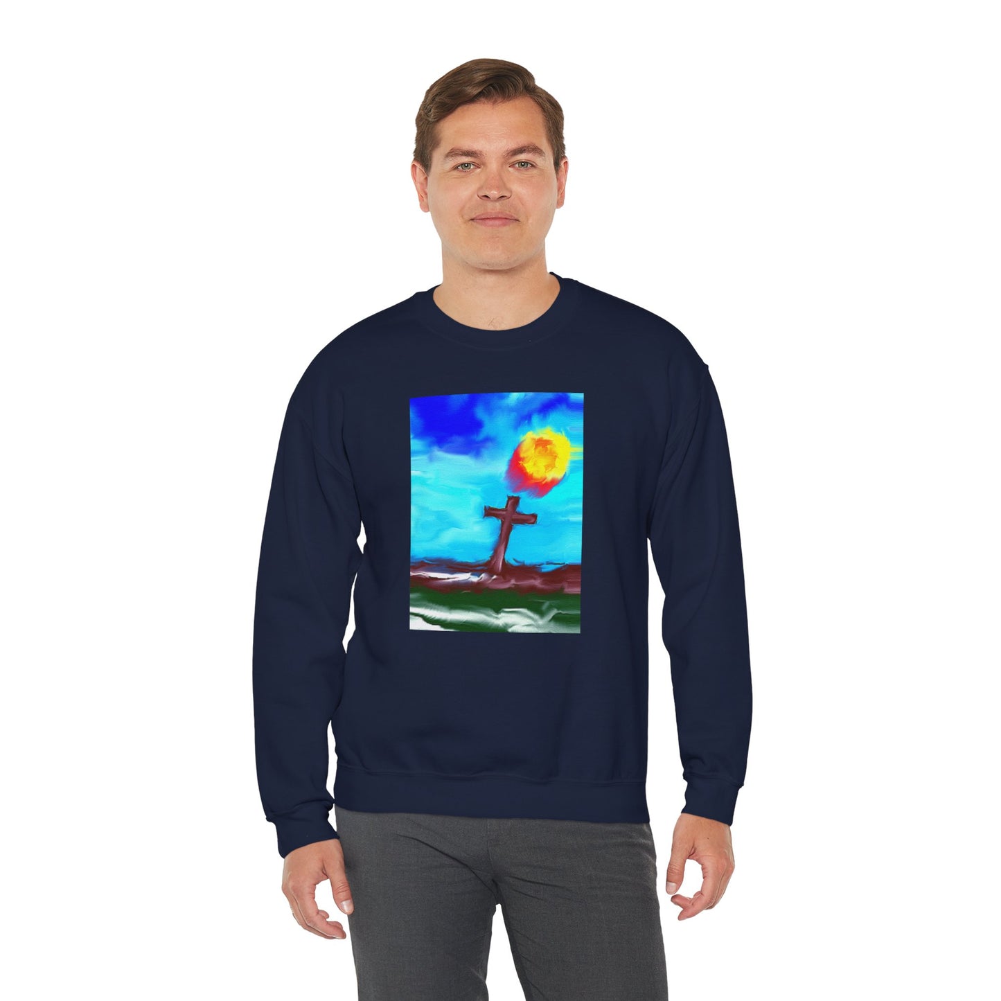 "Sunlight - Enlightened Spirit Crewneck Sweatshirt – Spiritual Cross Art Painting”