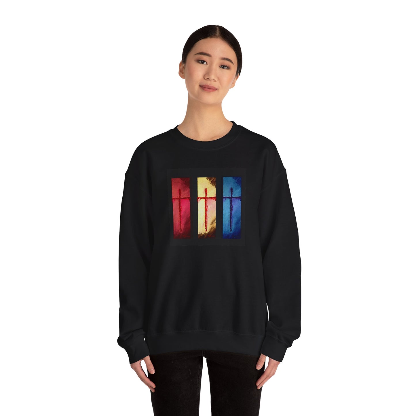 "Three Souls - Enlightened Spirit Crewneck Sweatshirt – Spiritual Cross Art Painting”