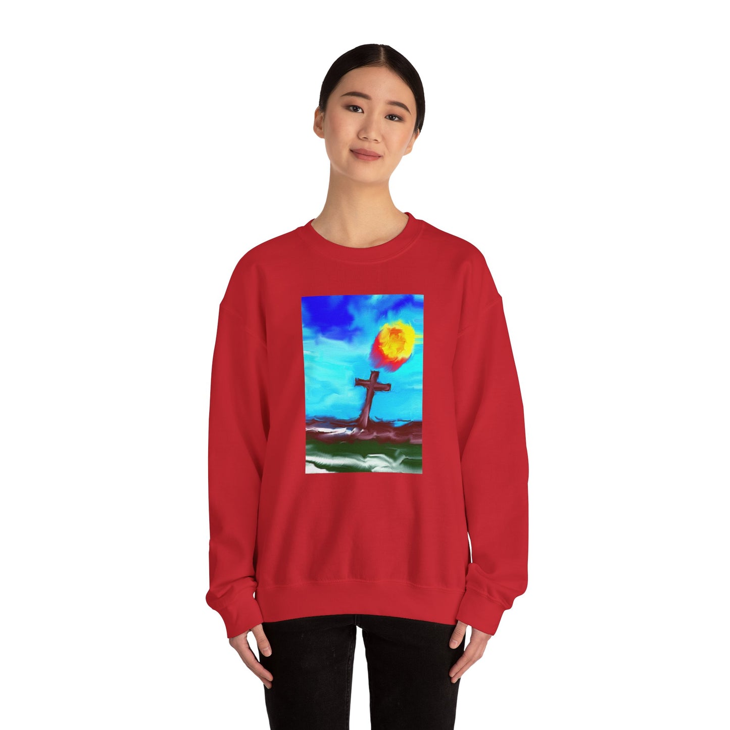 "Sunlight - Enlightened Spirit Crewneck Sweatshirt – Spiritual Cross Art Painting”