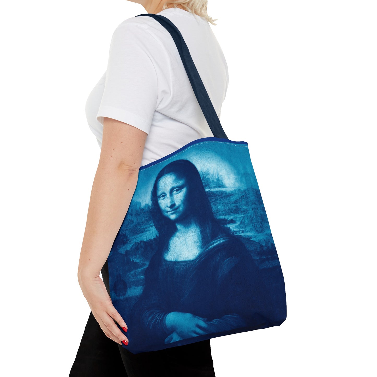 Mona Lisa (Blue) Tote Bags - Vibrant Designer Fashion Accessory with Iconic Artistry