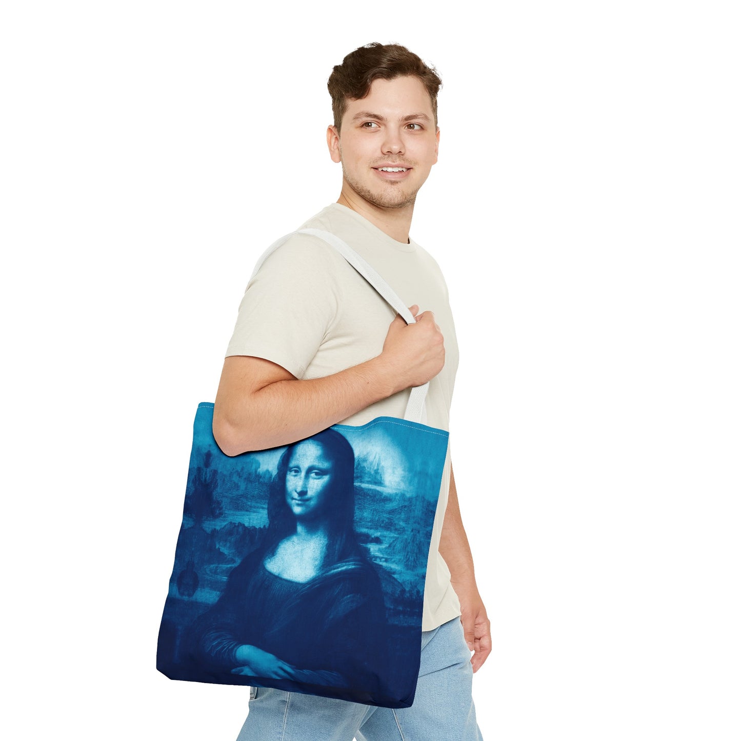 Mona Lisa (Blue) Tote Bags - Vibrant Designer Fashion Accessory with Iconic Artistry