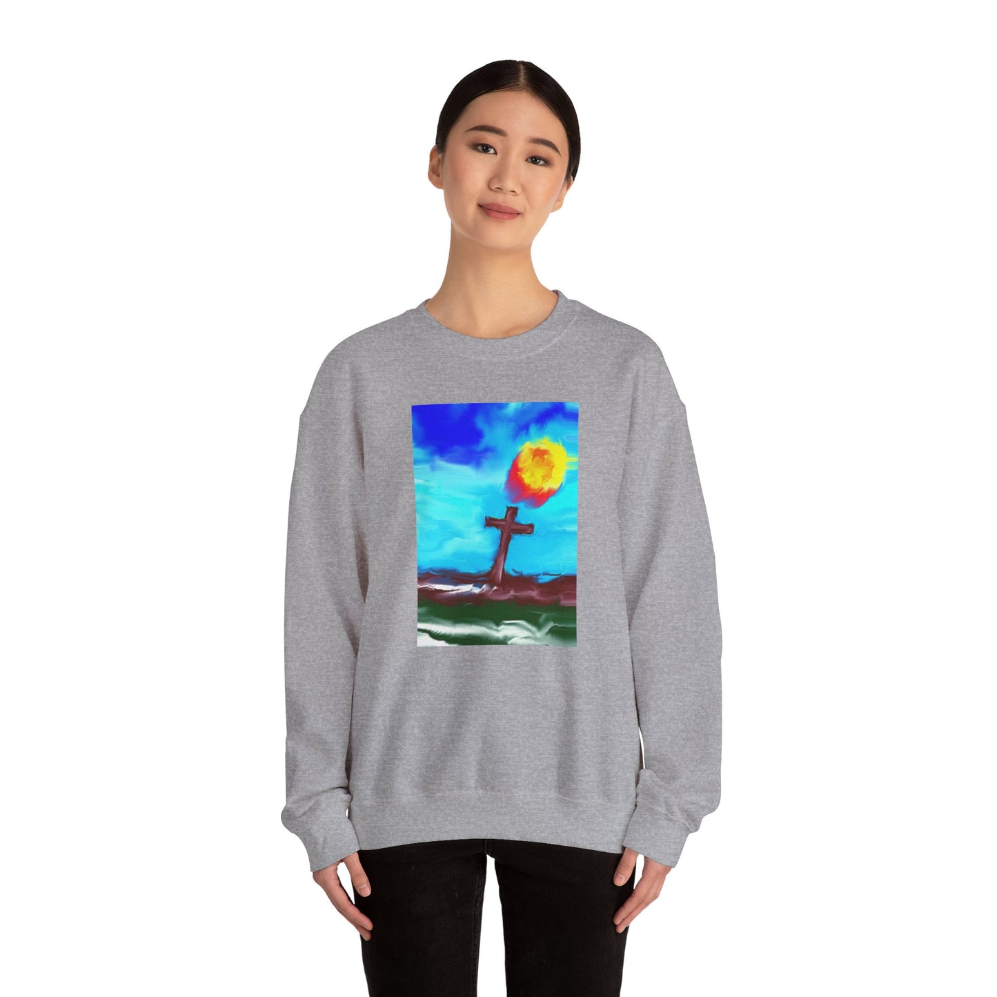 "Sunlight - Enlightened Spirit Crewneck Sweatshirt – Spiritual Cross Art Painting”