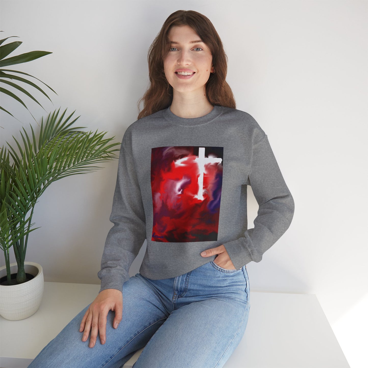 "Above The Light - Enlightened Spirit Crewneck Sweatshirt – Spiritual Cross Art Painting”