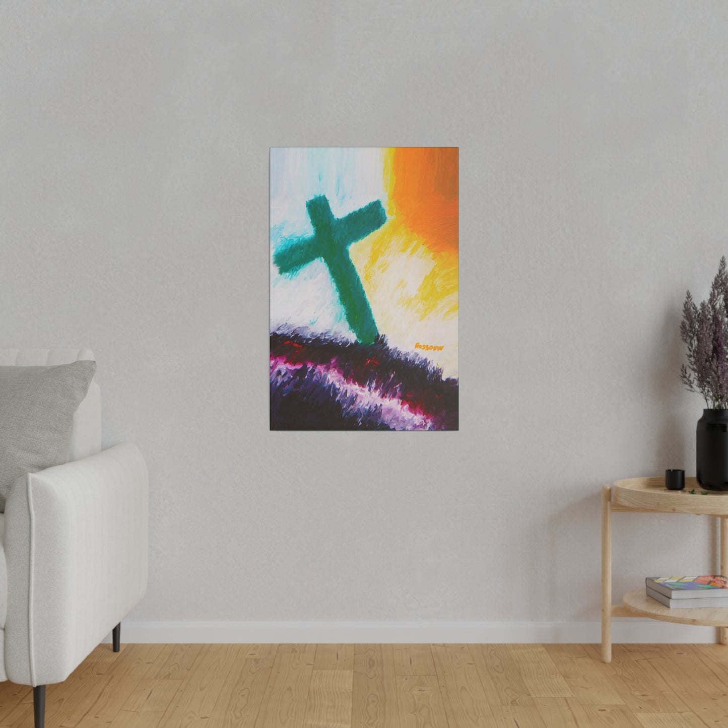 "Powerful Cross Painting - Inspirational Art by Rossouw on Matte Canvas"