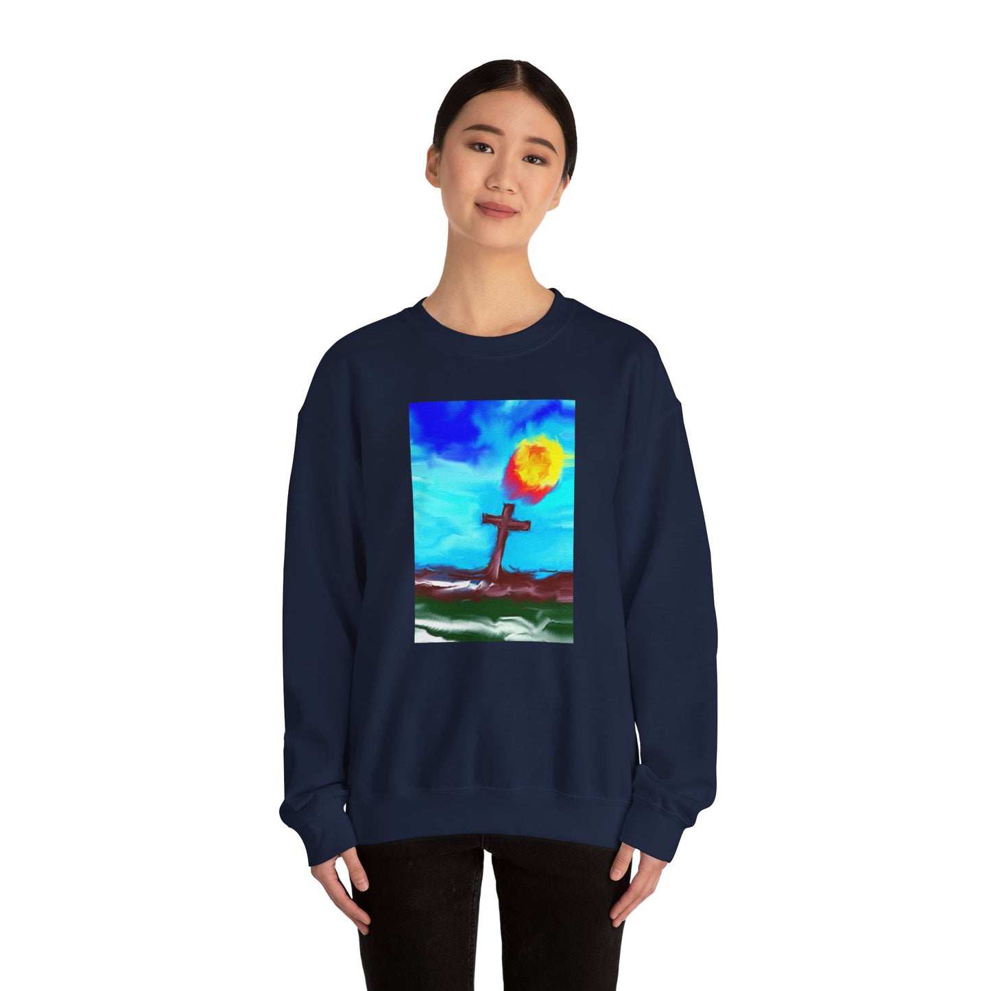 "Sunlight - Enlightened Spirit Crewneck Sweatshirt – Spiritual Cross Art Painting”