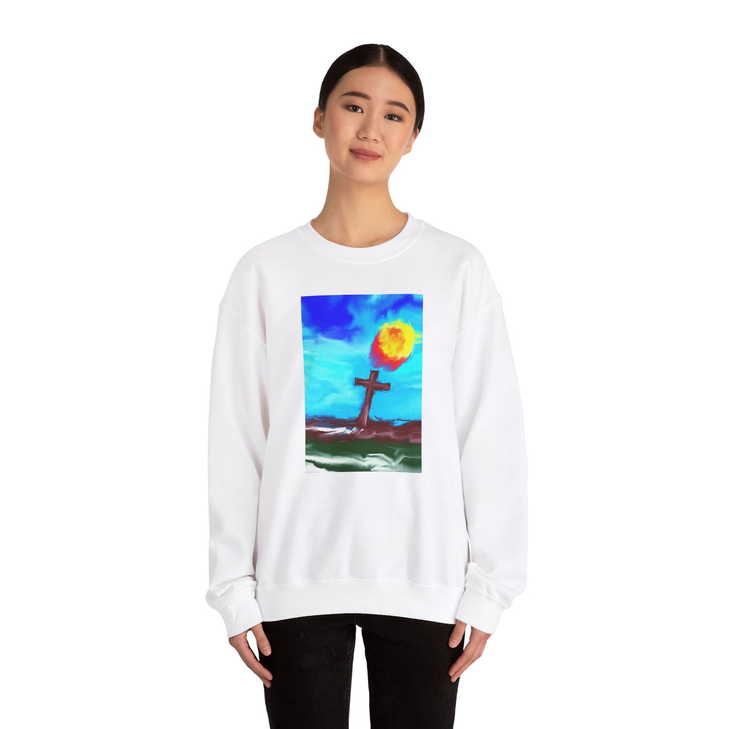 "Sunlight - Enlightened Spirit Crewneck Sweatshirt – Spiritual Cross Art Painting”