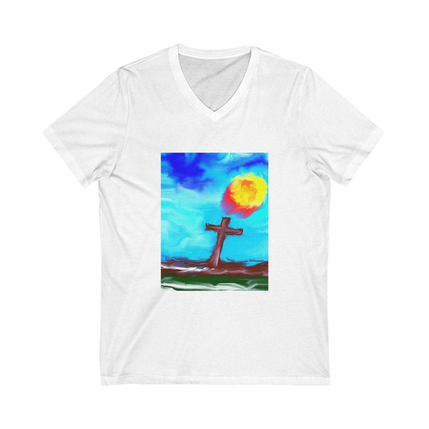 "Sunrise Cross Tee – Spiritual Artwork by Rossouw"