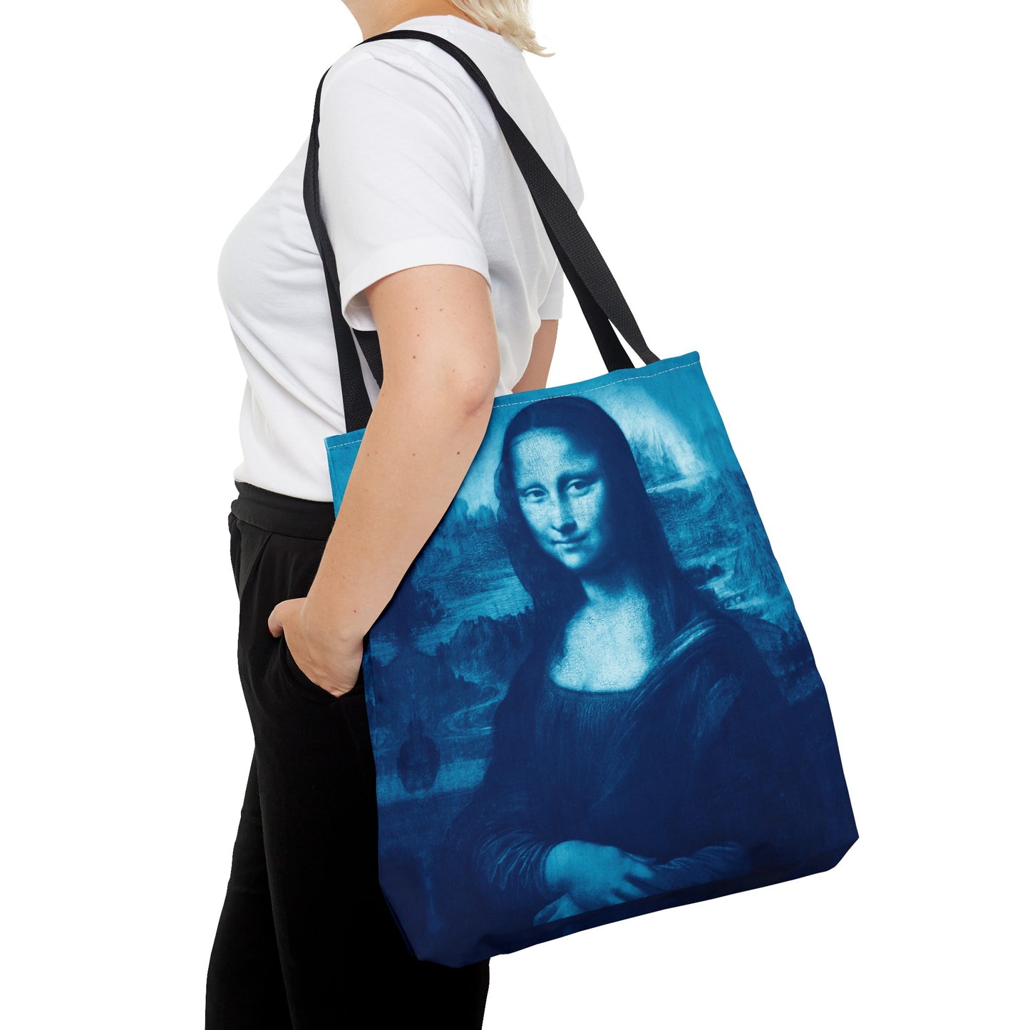 Mona Lisa (Blue) Tote Bags - Vibrant Designer Fashion Accessory with Iconic Artistry