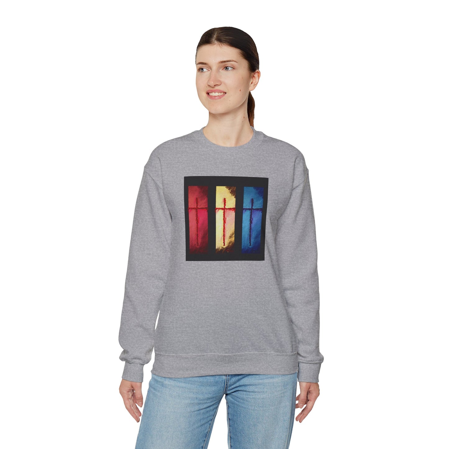 "Three Souls - Enlightened Spirit Crewneck Sweatshirt – Spiritual Cross Art Painting”