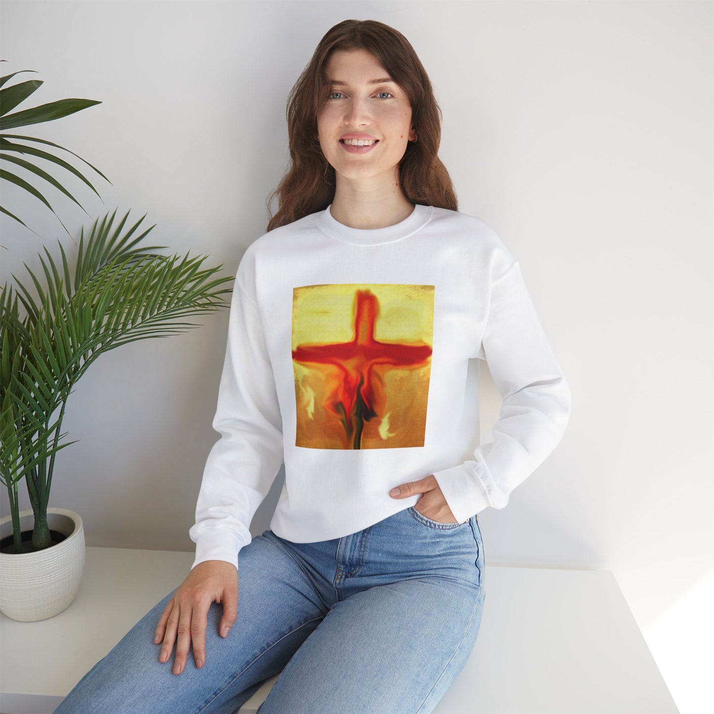 "Rose Petals - Enlightened Spirit Crewneck Sweatshirt – Spiritual Cross Art Painting”