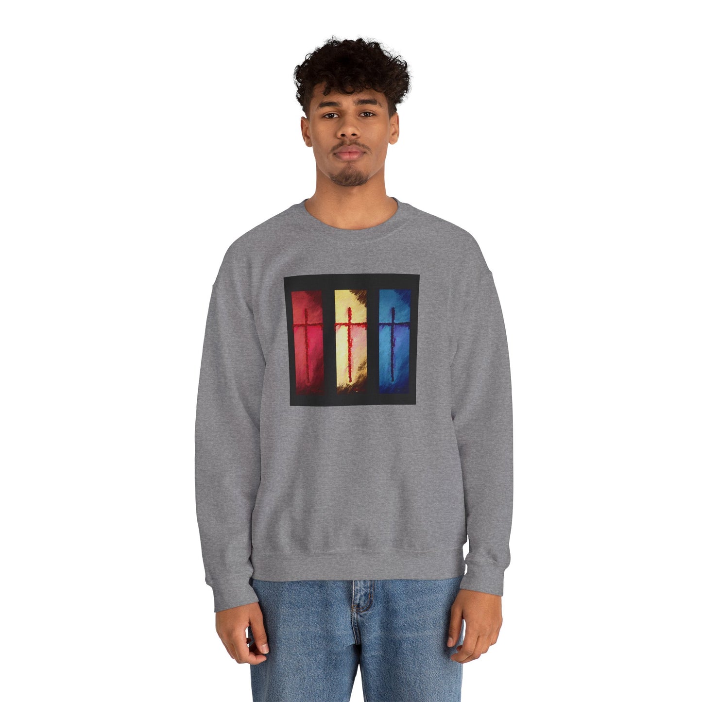 "Three Souls - Enlightened Spirit Crewneck Sweatshirt – Spiritual Cross Art Painting”