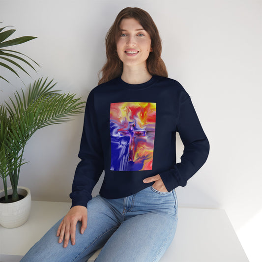 "Golden Rainbow - Enlightened Spirit Crewneck Sweatshirt – Spiritual Cross Art Painting”