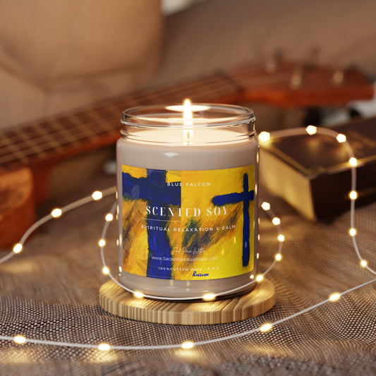 "Blue Falcon - Soy Scented Candles with Cross Art"