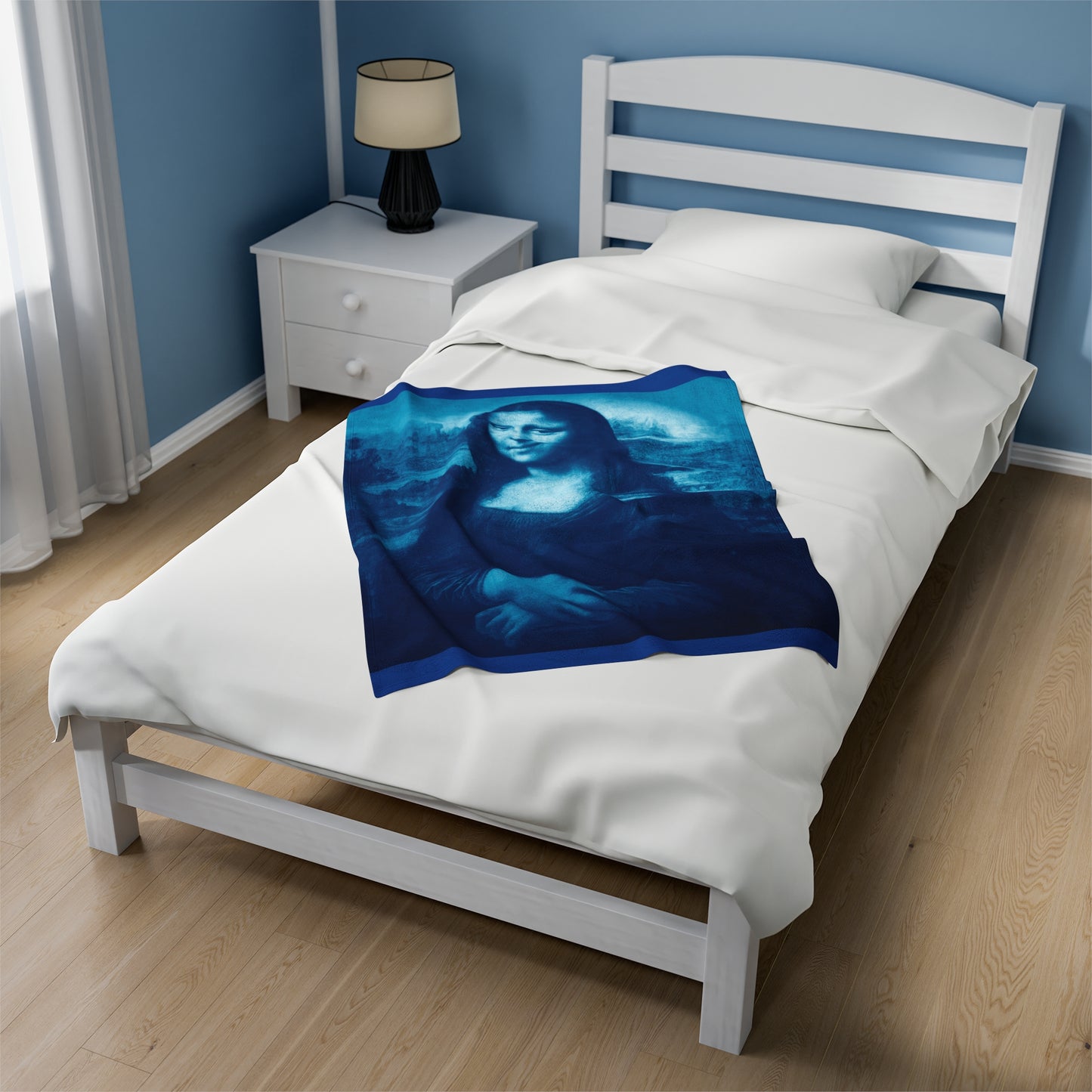 Mona Lisa (Blue) Velveteen Plush Blanket: Stunning Art Design