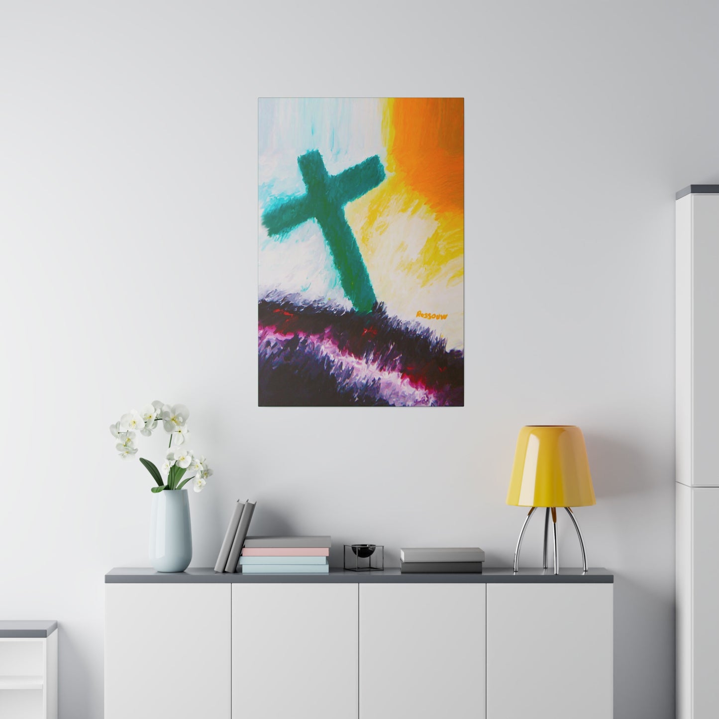 "Powerful Cross Painting - Inspirational Art by Rossouw on Matte Canvas"