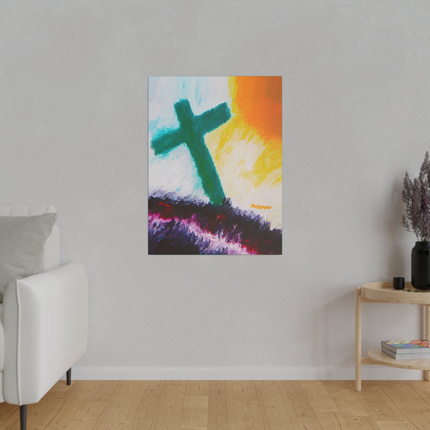 "Powerful Cross Painting - Inspirational Art by Rossouw on Matte Canvas"