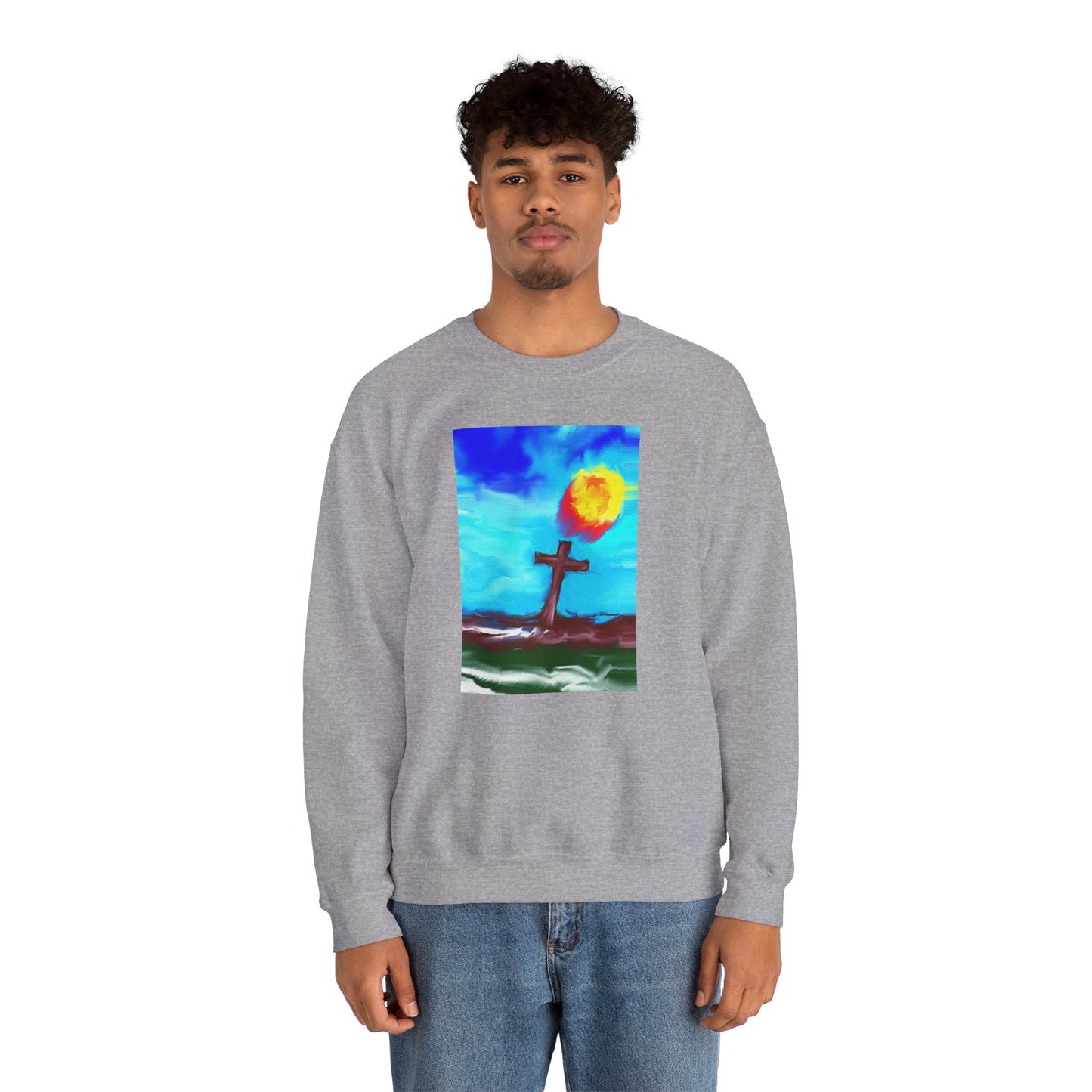 "Sunlight - Enlightened Spirit Crewneck Sweatshirt – Spiritual Cross Art Painting”