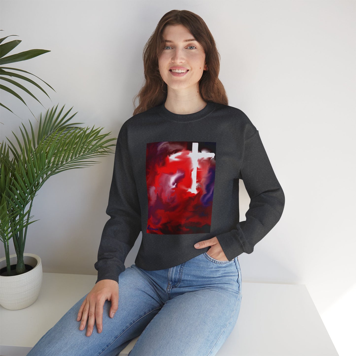 "Above The Light - Enlightened Spirit Crewneck Sweatshirt – Spiritual Cross Art Painting”