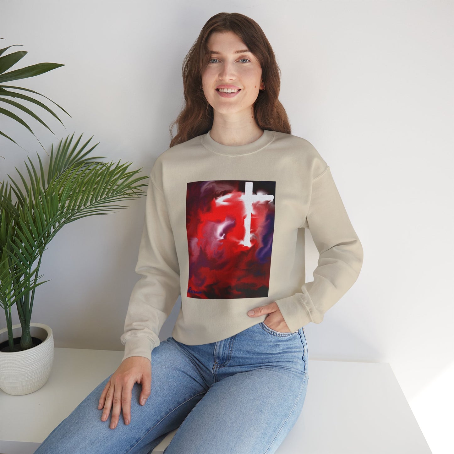 "Above The Light - Enlightened Spirit Crewneck Sweatshirt – Spiritual Cross Art Painting”